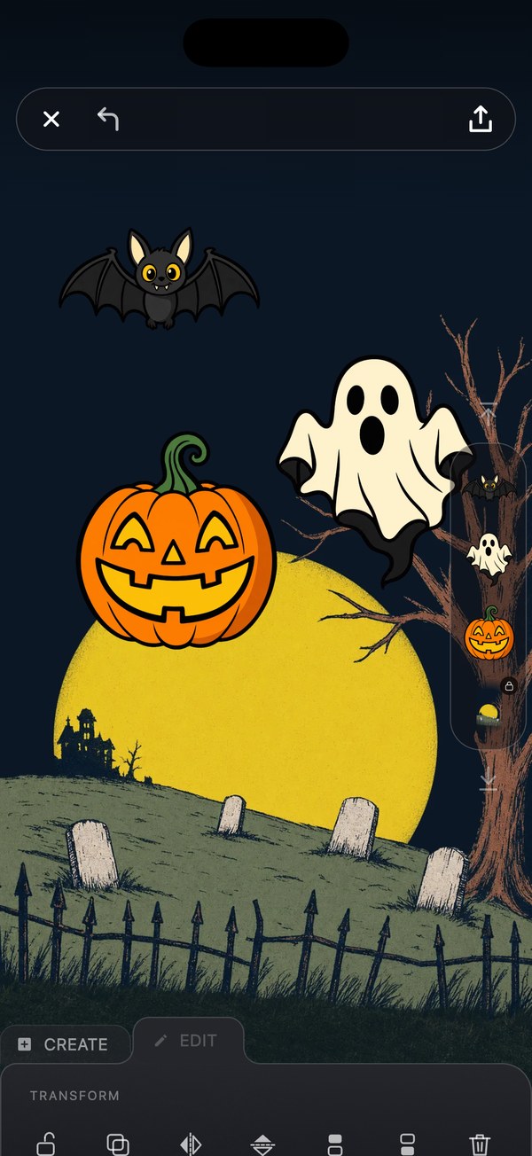A Halloween Wallpaper built in the Editor: a moon over a graveyard, a pumpkin, a ghost and a bat